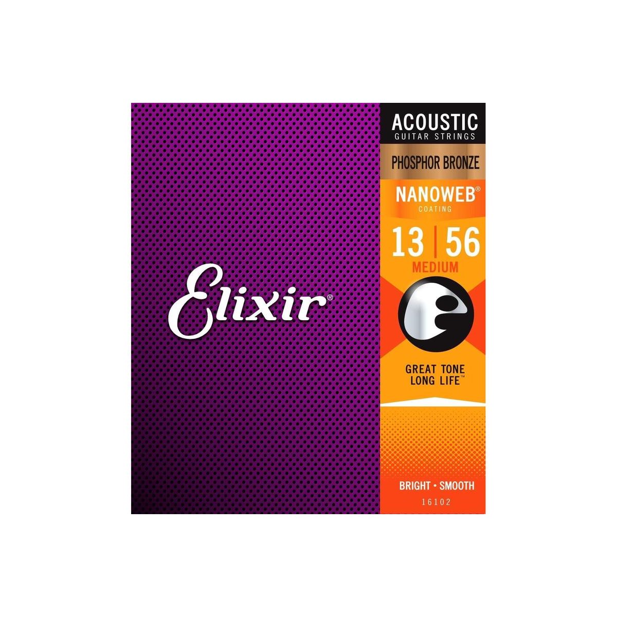 ELIXIR - 16102 - Phosphor Bronze Nanoweb Acoustic Guitar Strings Medium 13-56