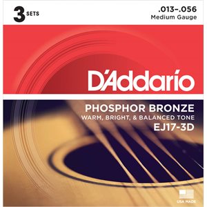 D'ADDARIO - EJ17-3D - acoustic guitar strings - Phosphor Bronze - 13-56 - 3 pack