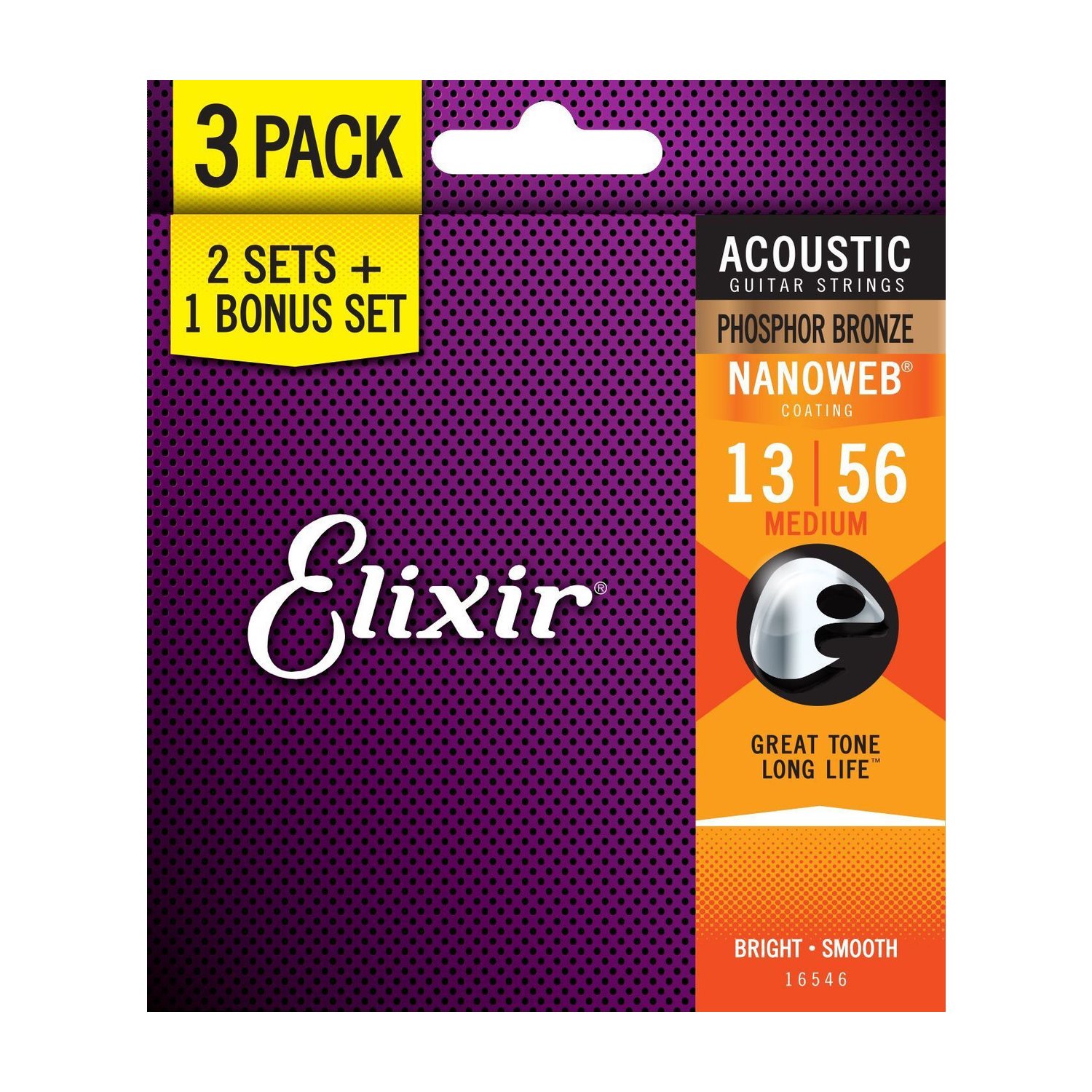 ELIXIR - 16546 - cordes de guitare acoustique AVEC REVÊTEMENT NANOWEB - paquet de 3 - 13-56