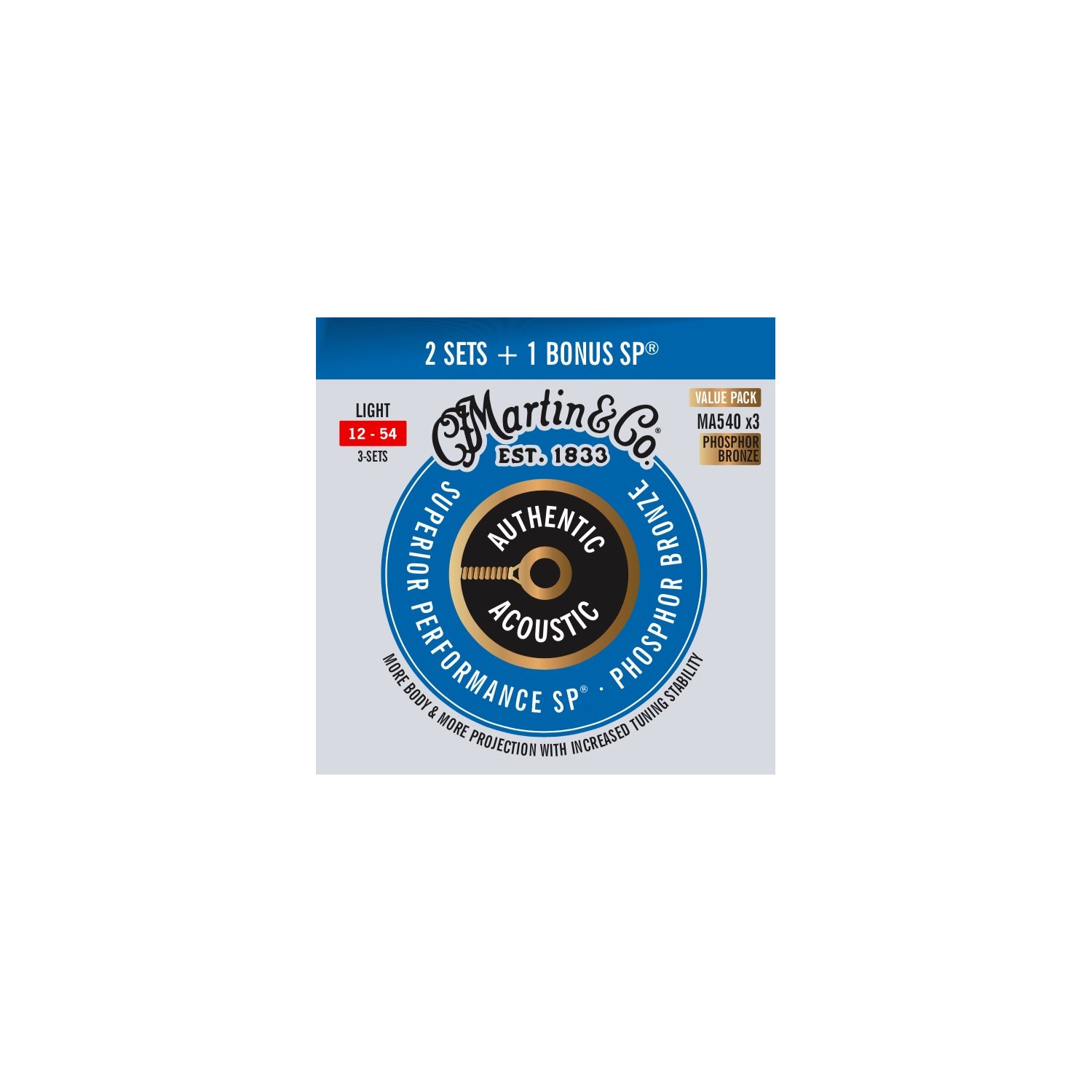 MARTIN - MA540PK3 - Authentic SP Acoustic Guitar Strings - Phosphor Bronze - 12-54 - 3 Pack