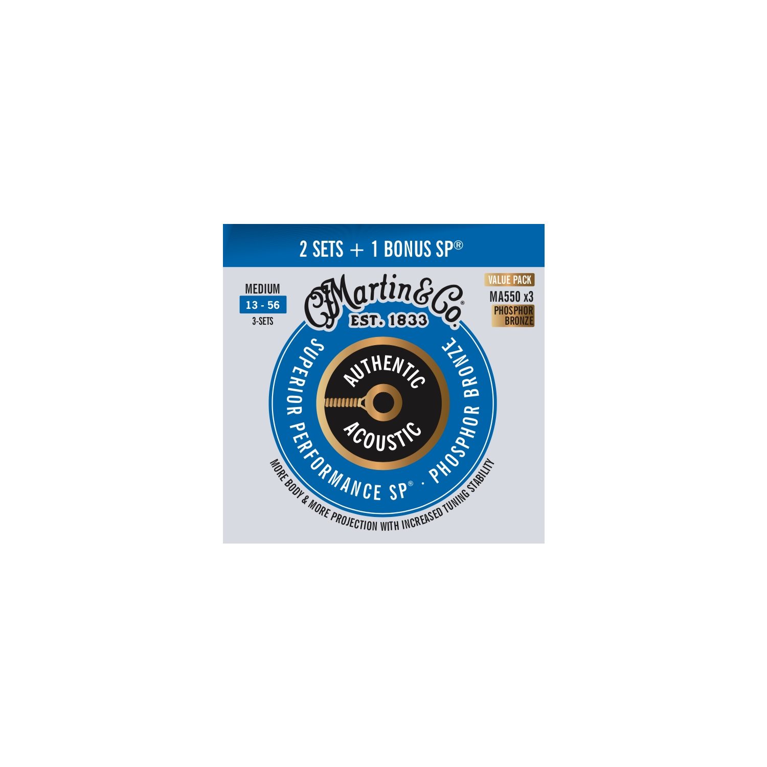 MARTIN - MA550PK3 - Authentic SP ACOUSTIC GUITAR STRINGS - Phosphor Bronze - 13-56 - 3 Pack