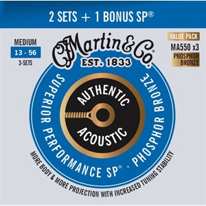 MARTIN - MA550PK3 - Cordes de guitare acoustique Authentic SP - Phosphor Bronze - 13-56 - 3 Pack