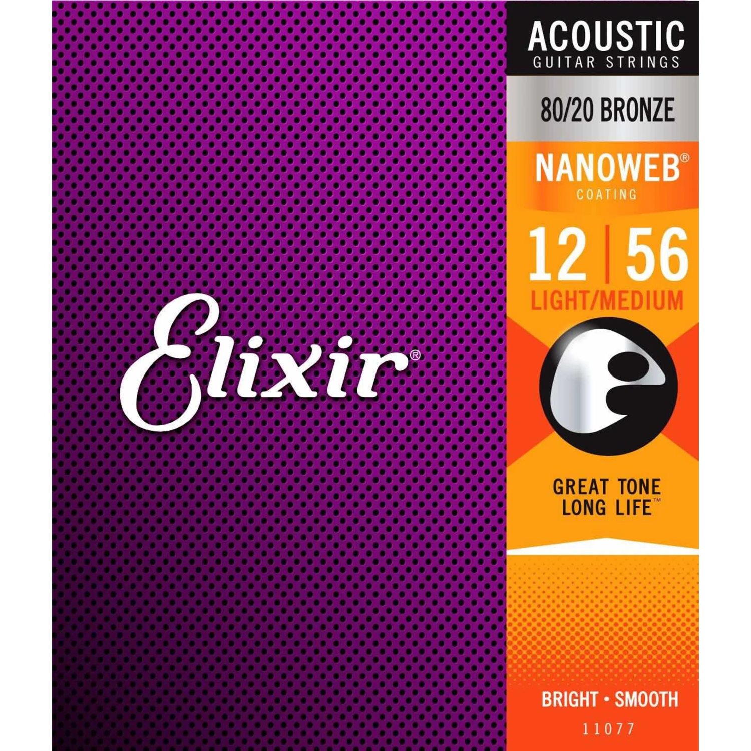 Elixir - 11077 - acoustic guitar strings - 80 / 20 Bronze - Nanoweb Coating - 12-56